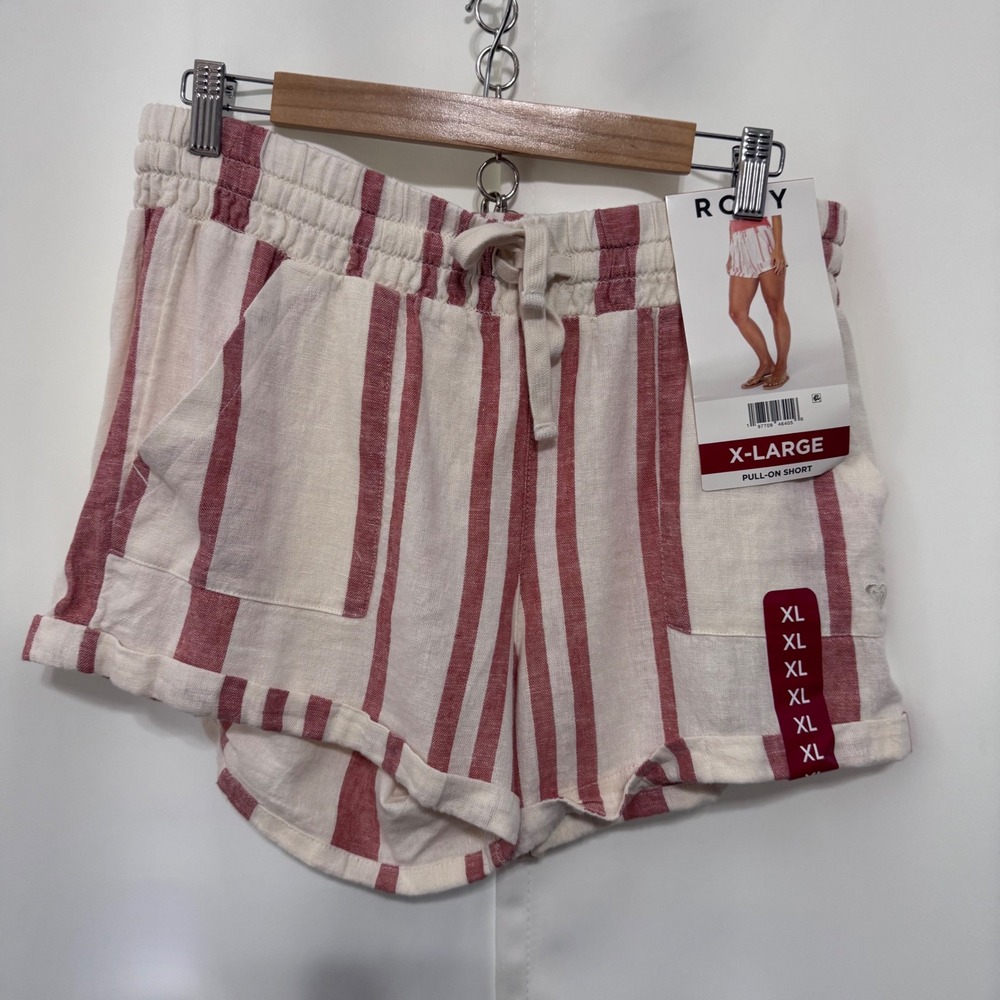 Roxy Womens XL Red Cream Striped Linen Blend Pull On Shorts NWT